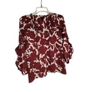 Ann Taylor Factory Petite MP Burgundy Floral Ruffle Tie Neck Blouse 3/4 Sleeve